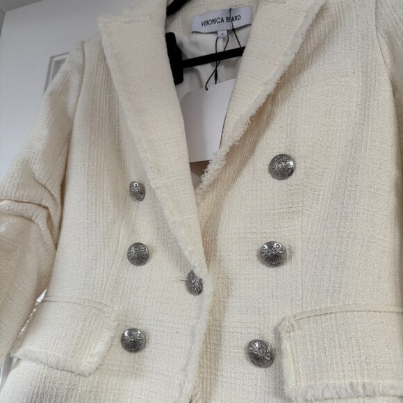 NWT Veronica Beard Tweed Blazer Jacket White Cinched Sleeves Fray Hem Sz 4 - Picture 4 of 7